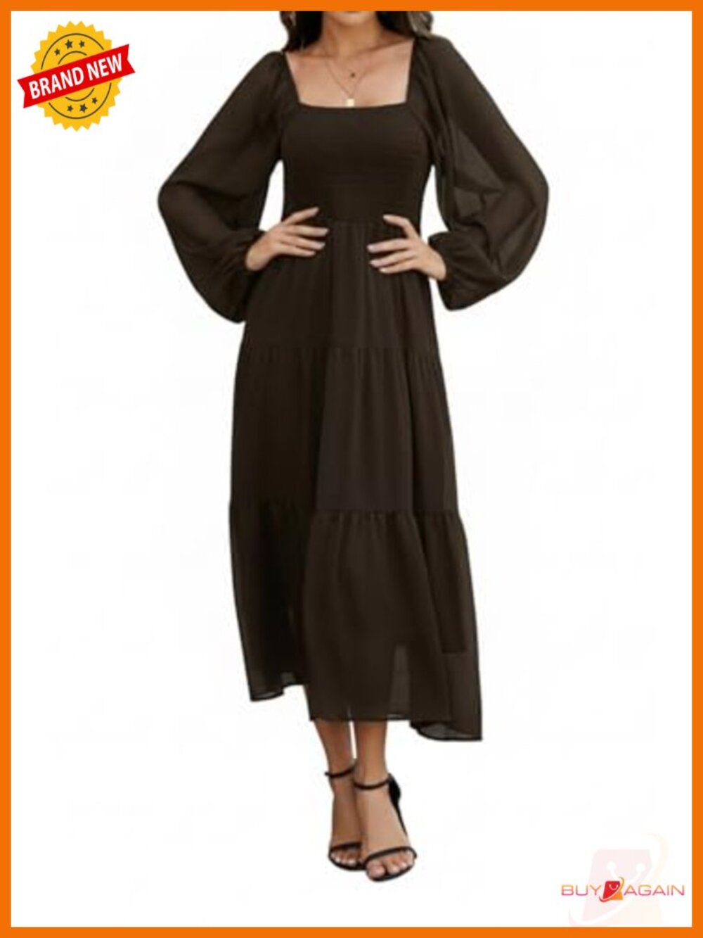 Boho Chiffon Maxi Dress Smocked Square Neck Tiered Puff Sleeve